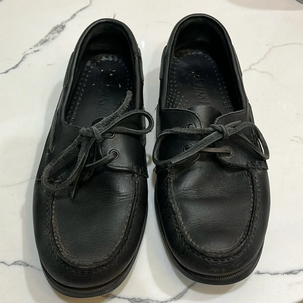St John’s bay black leather boat shoes